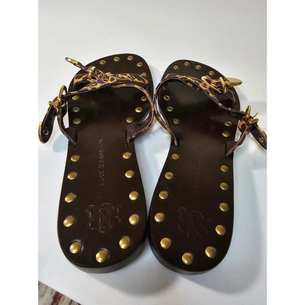 Rock & Republic Leopard Print Studded Leather Sandals Gold Buckle size 36.5